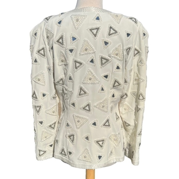 VTG Beaded Evening Jacket Heavily Embellished Winter White Pearl Triangle Sz 10 - Picture 4 of 16